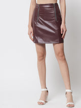 Kotty Women Brown Solid Faux Leather Mini Skirt