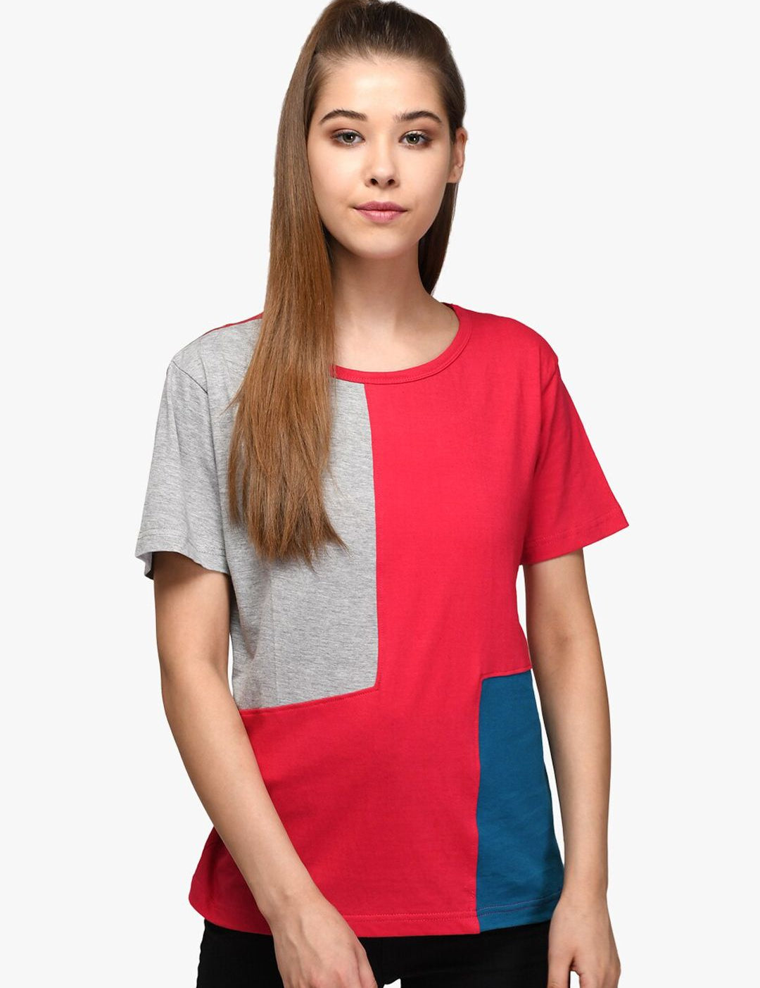Kotty Women Red & Grey Colourblocked Round Neck T-shirt