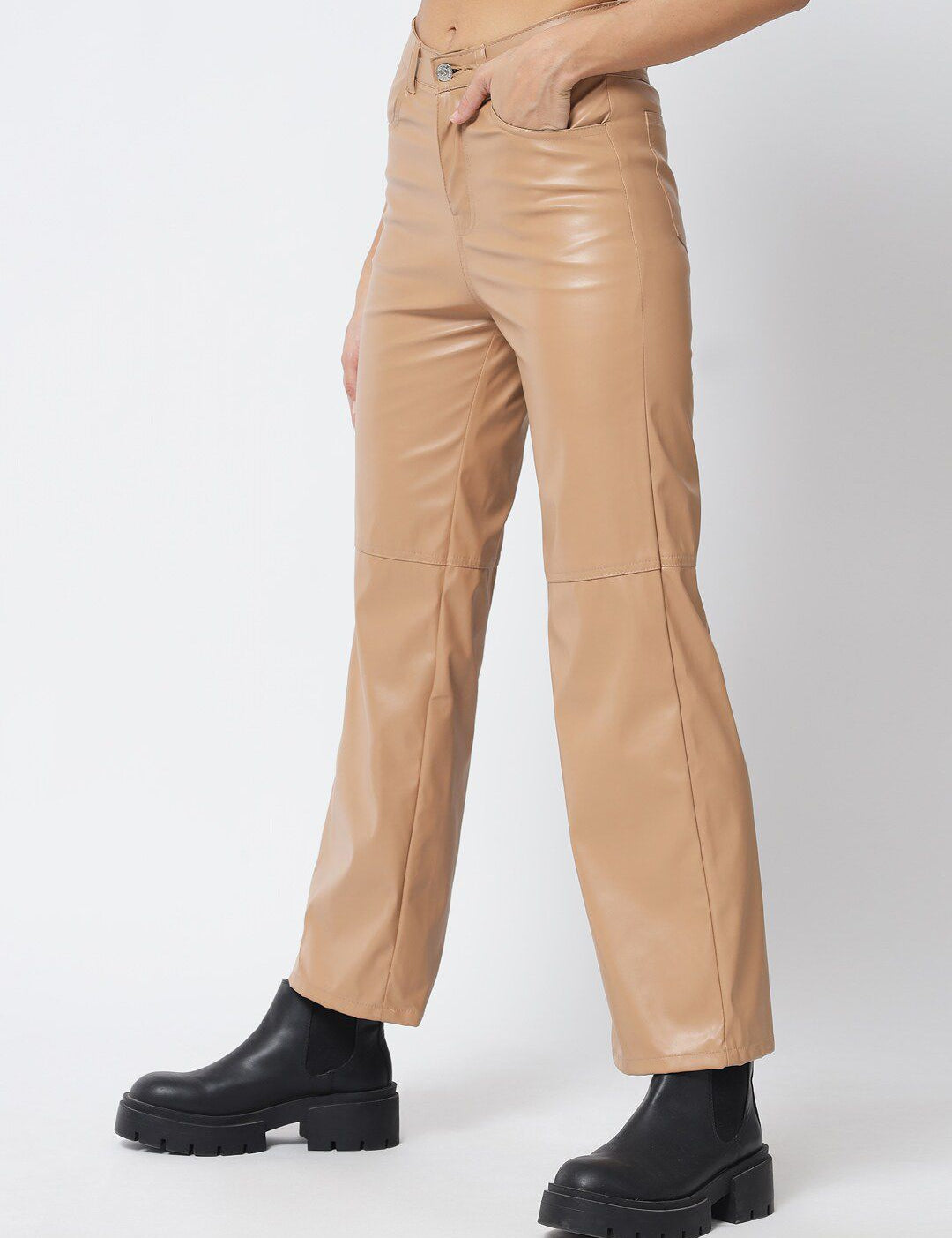 Kotty Women Beige Relaxed Straight Fit Faux Leather Trouser