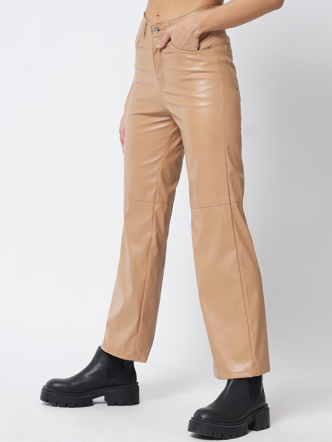 Kotty Women Beige Relaxed Straight Fit Faux Leather Trouser