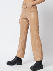 Kotty Women Beige Relaxed Straight Fit Faux Leather Trouser