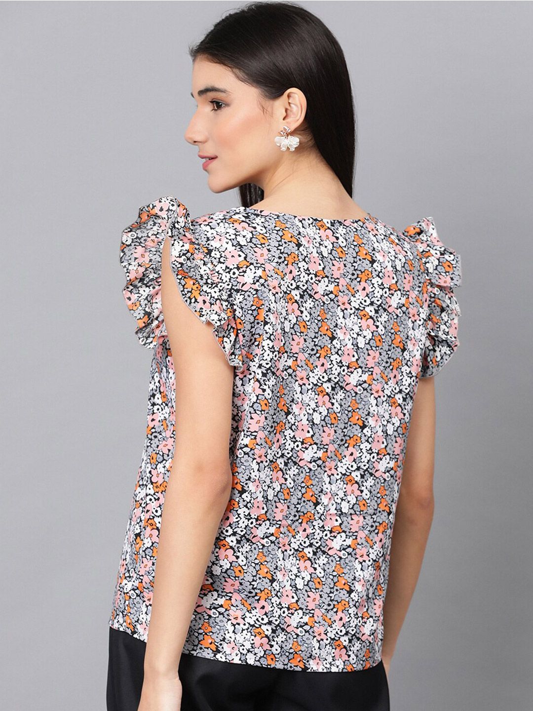 Kotty Floral Printed Flutter Sleeve Crepe Top