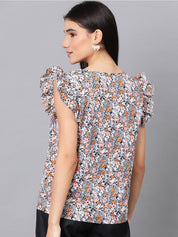 Kotty Floral Printed Flutter Sleeve Crepe Top