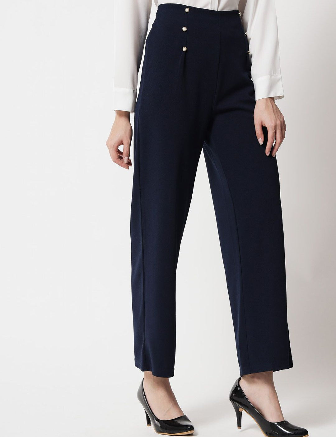 Kotty Women Navy Blue Relaxed Straight Fit High-Rise Easy Wash Trousers