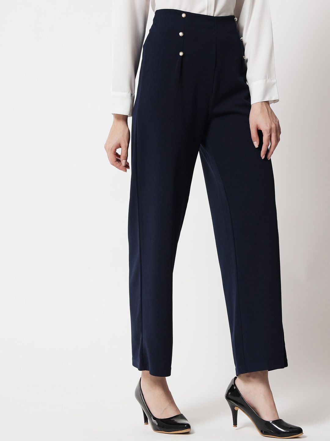 Kotty Women Navy Blue Relaxed Straight Fit High-Rise Easy Wash Trousers