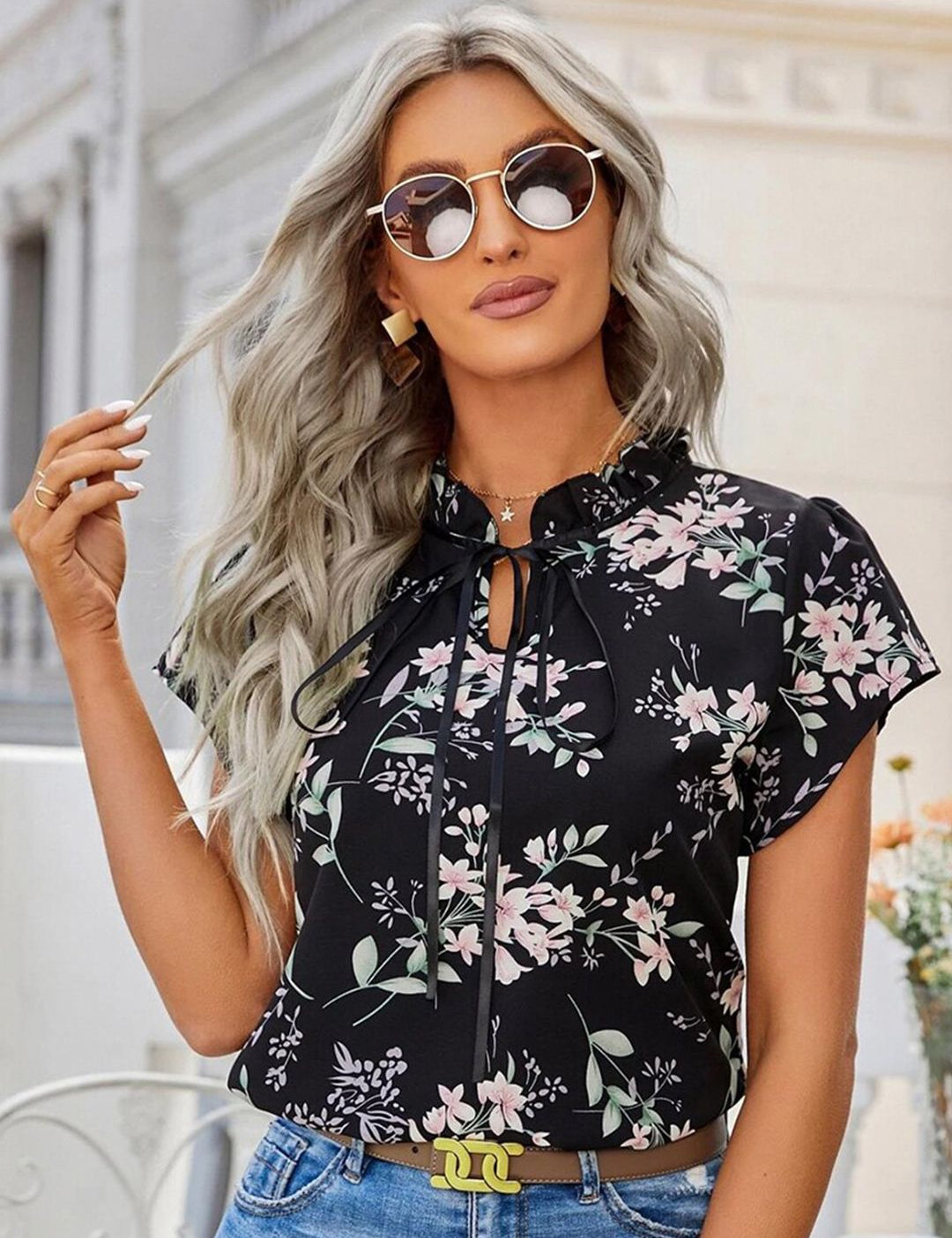 Kotty Women Navy Blue Floral Print Tie-Up Neck Crepe Top