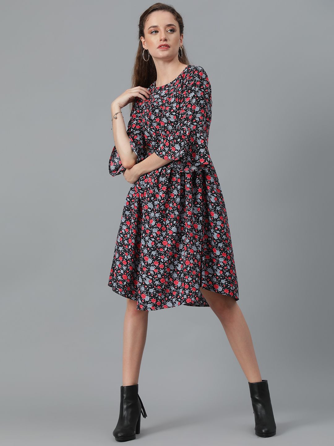 Kotty Floral Printed Bell Sleeve Gathered or Pleated Crepe A-Line Dress