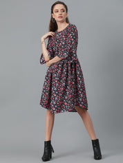 Kotty Floral Printed Bell Sleeve Gathered or Pleated Crepe A-Line Dress