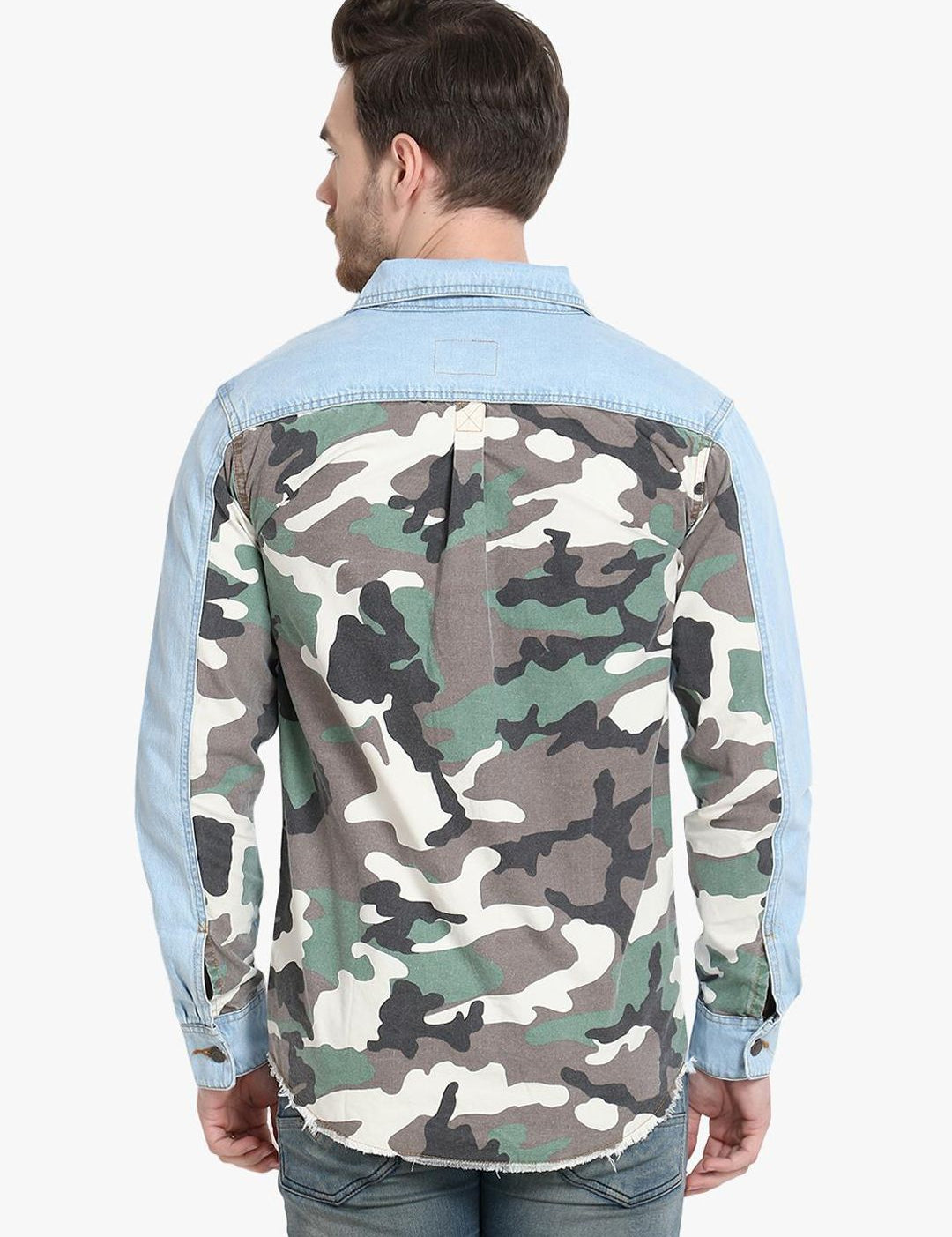 Kotty Men Blue & Grey Camouflage Printed Denim Jacket