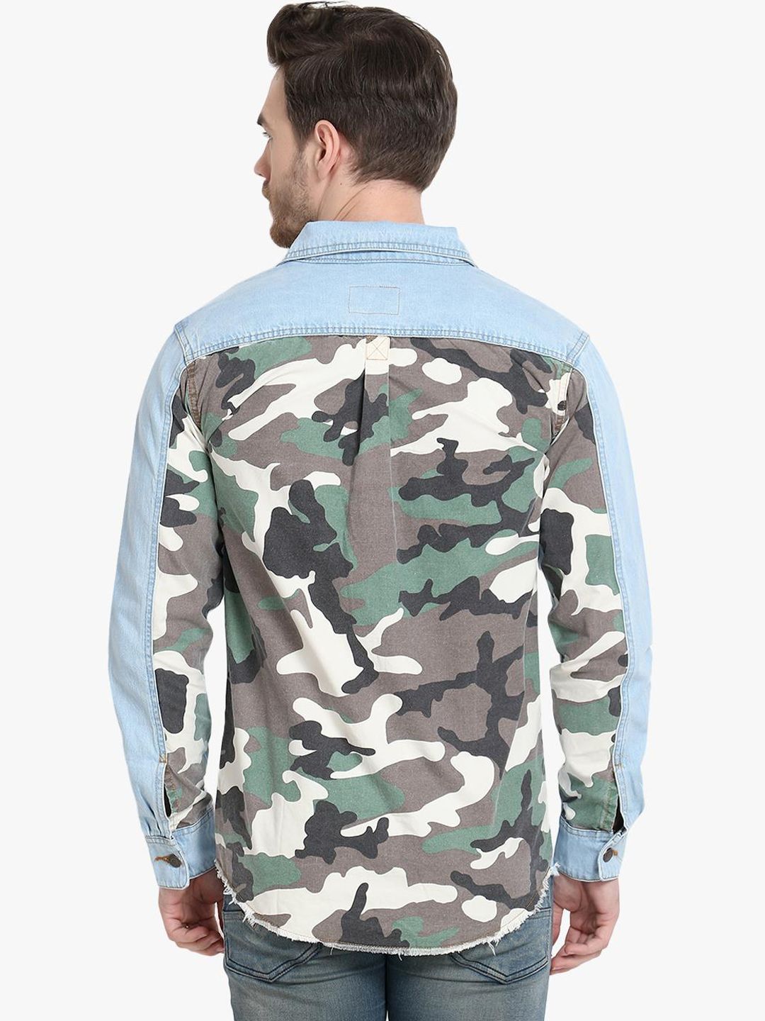 Kotty Men Blue & Grey Camouflage Printed Denim Jacket