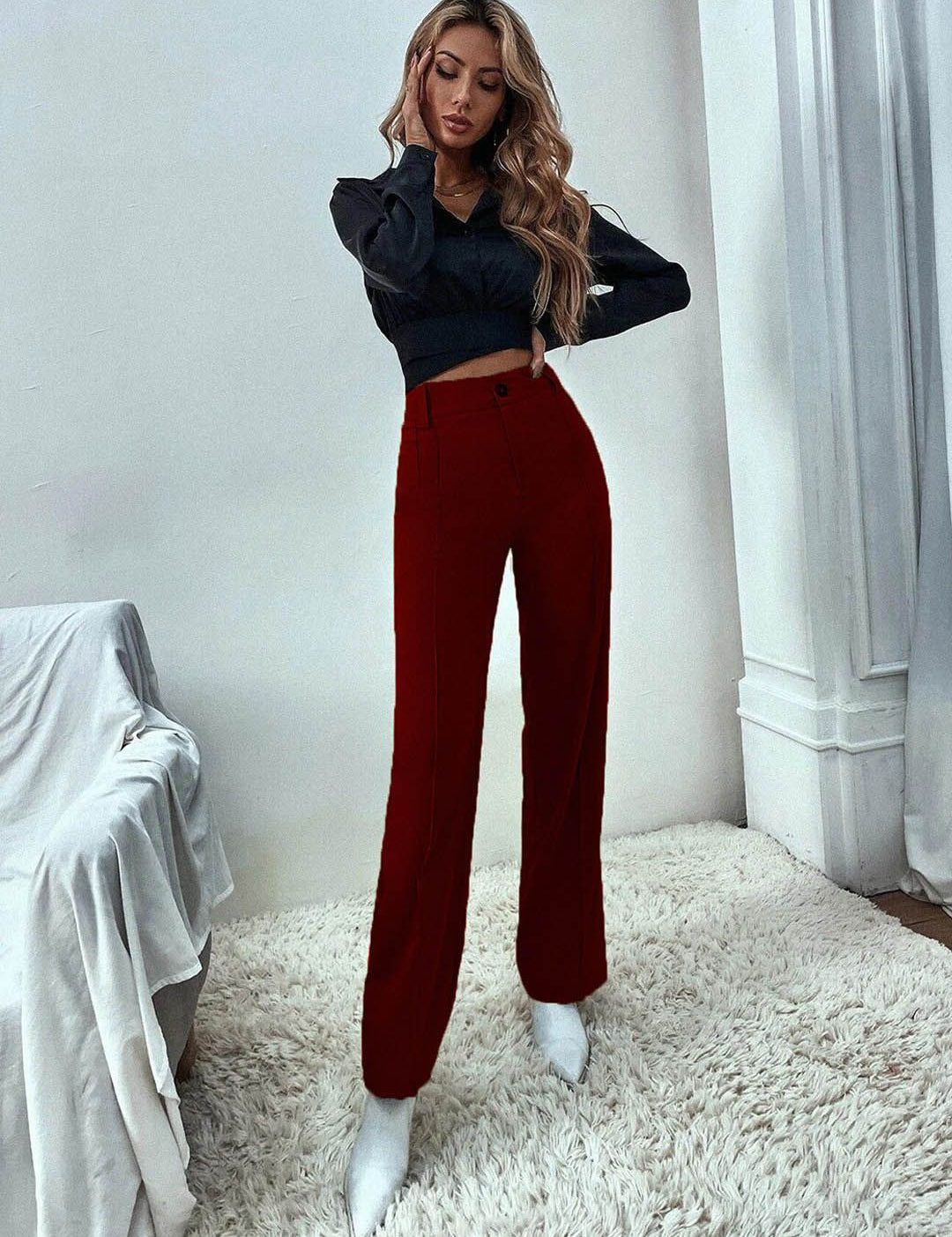 KOTTY BIZwear Women Relaxed Straight Fit High-Rise Easy Wash Pleated Parallel Trouser