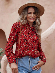 Kotty Red Abstract Printed Tie-Up Neck Regular Top