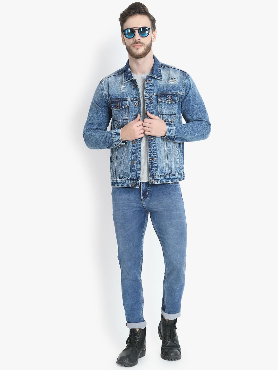 Kotty Men Blue Solid Denim Jacket