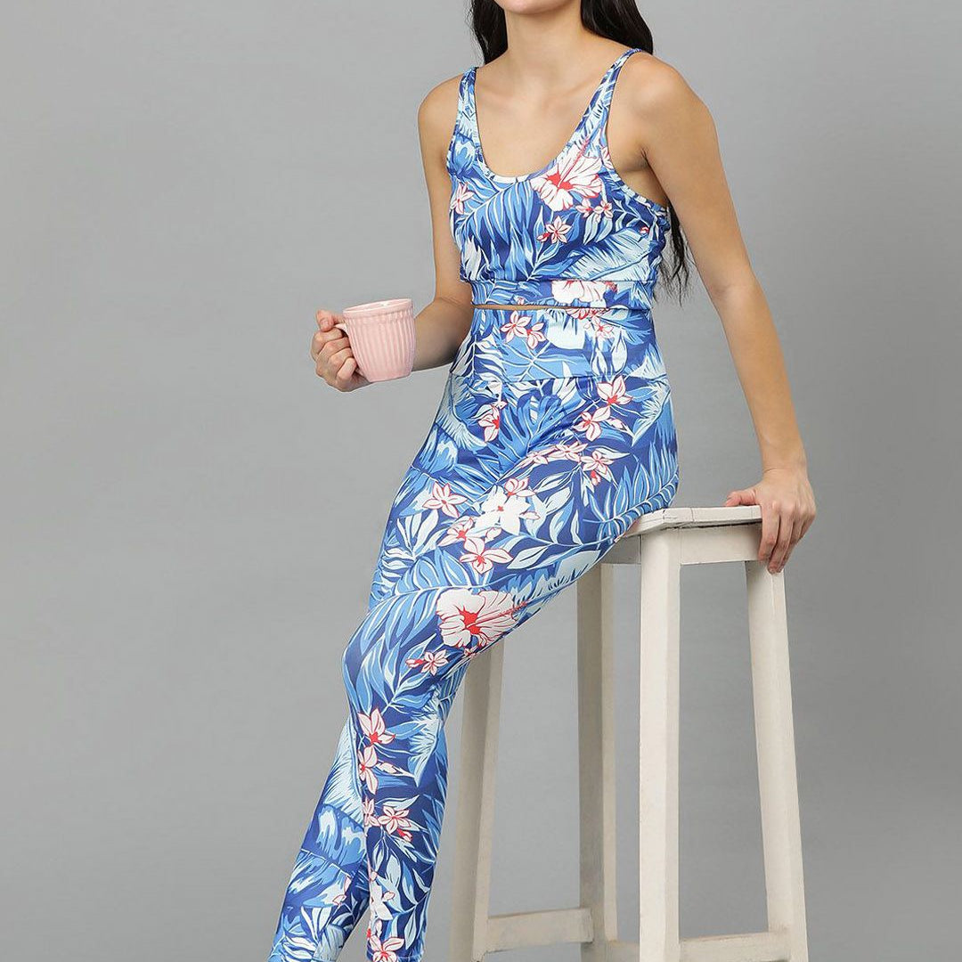 Kotty Round Neck Sleeveless Printed Crop Top & Tight Night Suit Set