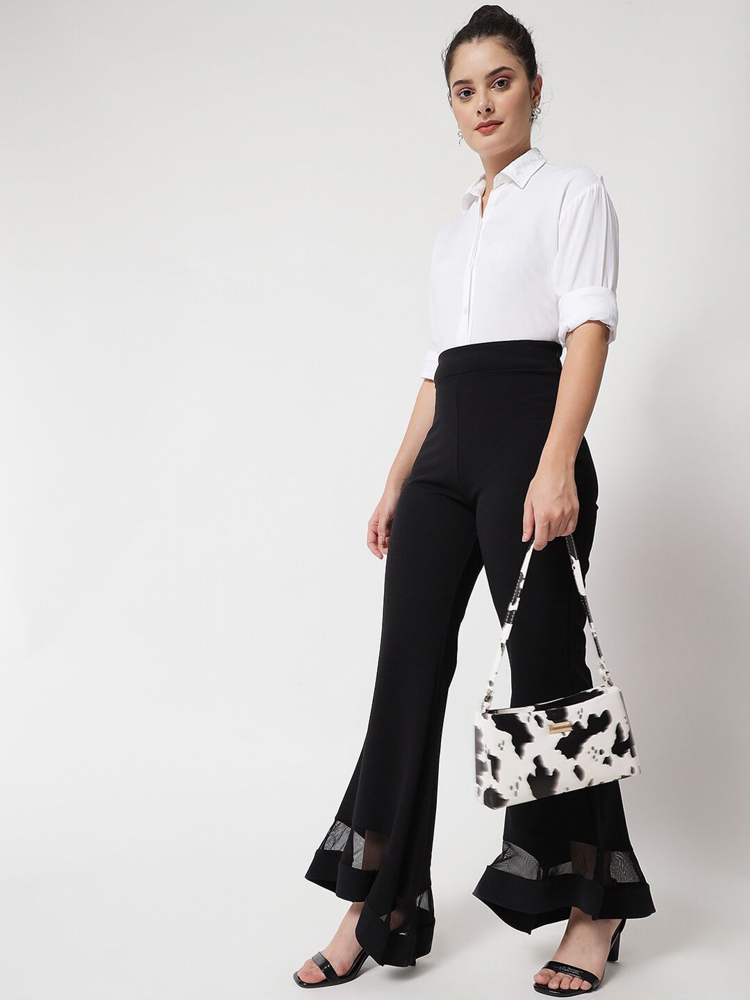 Kotty Women Black Relaxed Flared High-Rise Easy Wash Trousers