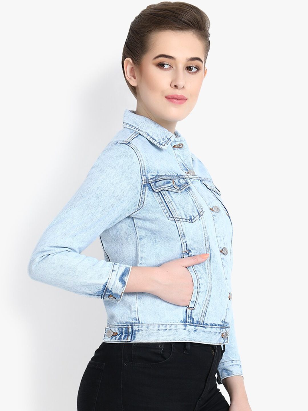 Kotty Women Blue Solid Denim Jacket