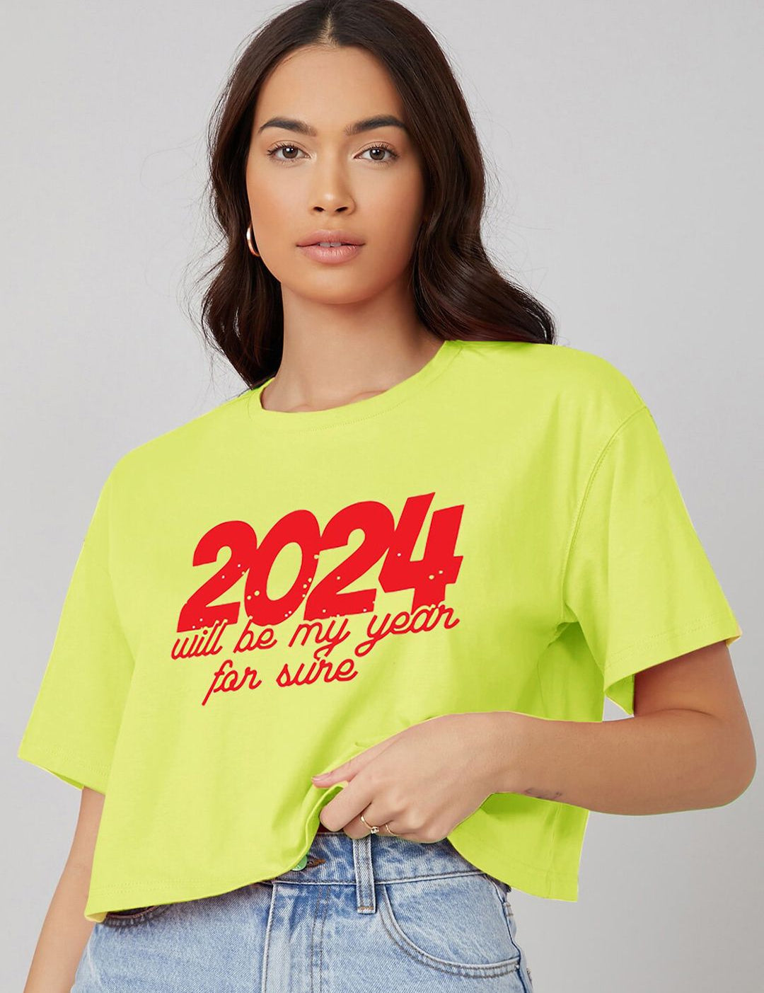 Kotty Typography Printed Round Neck Crop Oversized T-shirt