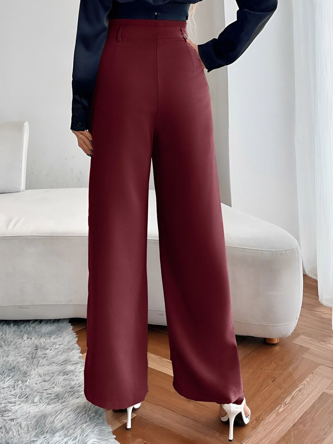 Maroon Relaxed Fit High-Rise Pleated Parallel Trousers