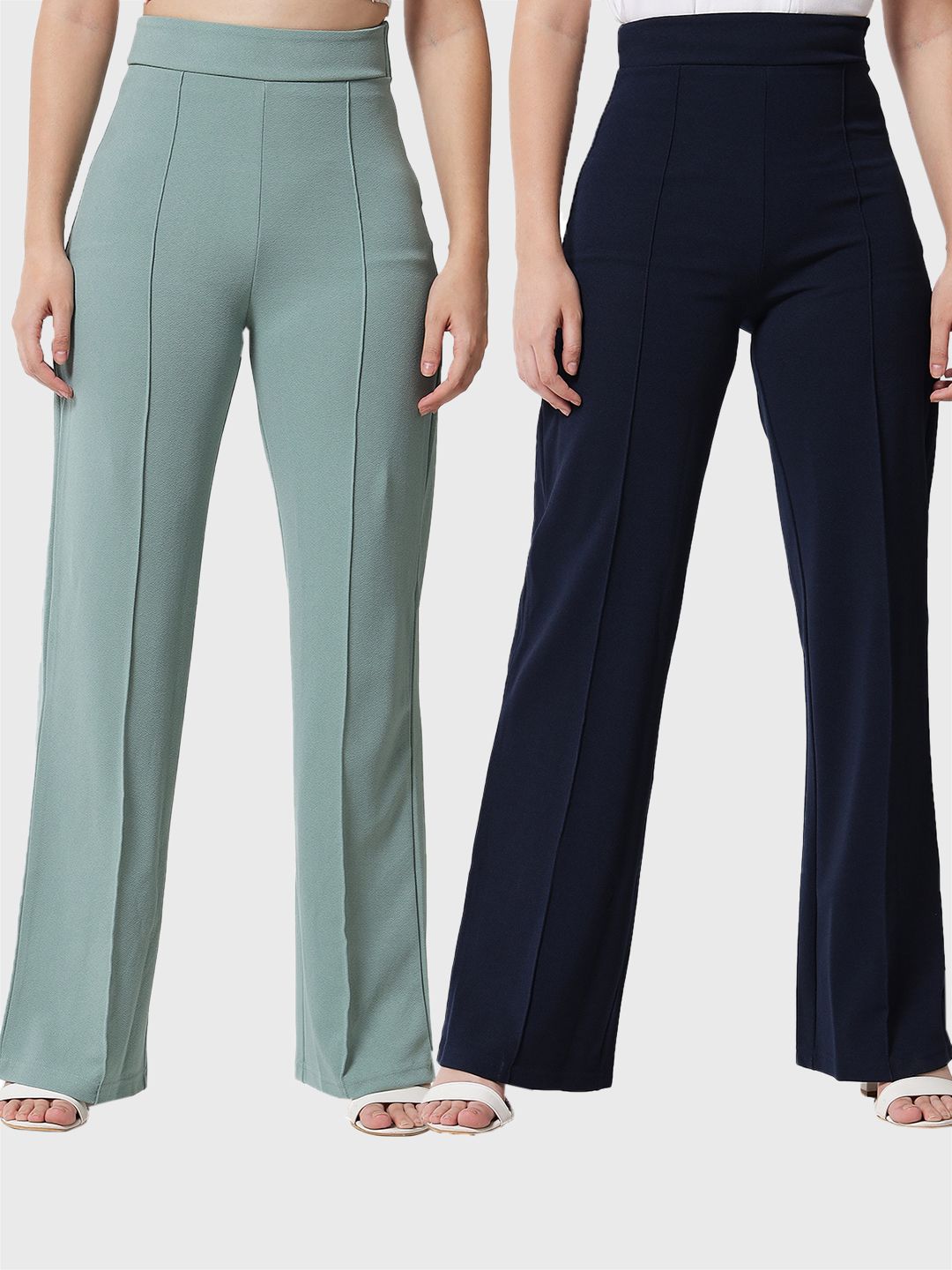Kotty Women Pack Of 2 Relaxed Straight Leg High-Rise Easy Wash Parallel Trousers