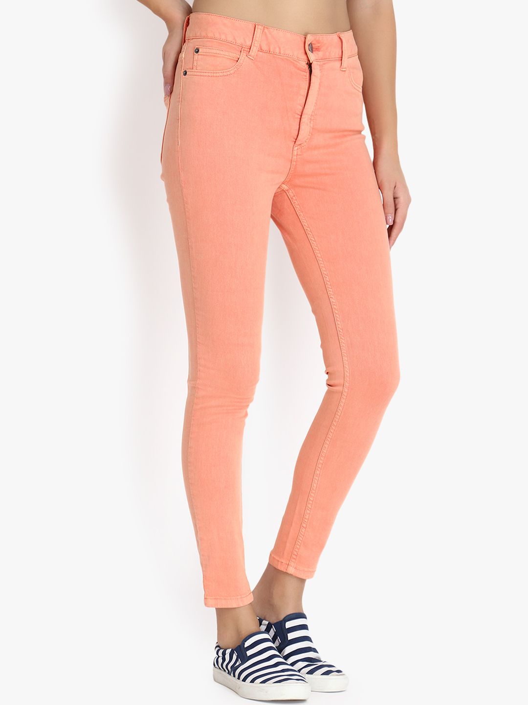 Kotty Women Coral Orange Skinny Fit High-Rise Clean Look Stretchable Jeans