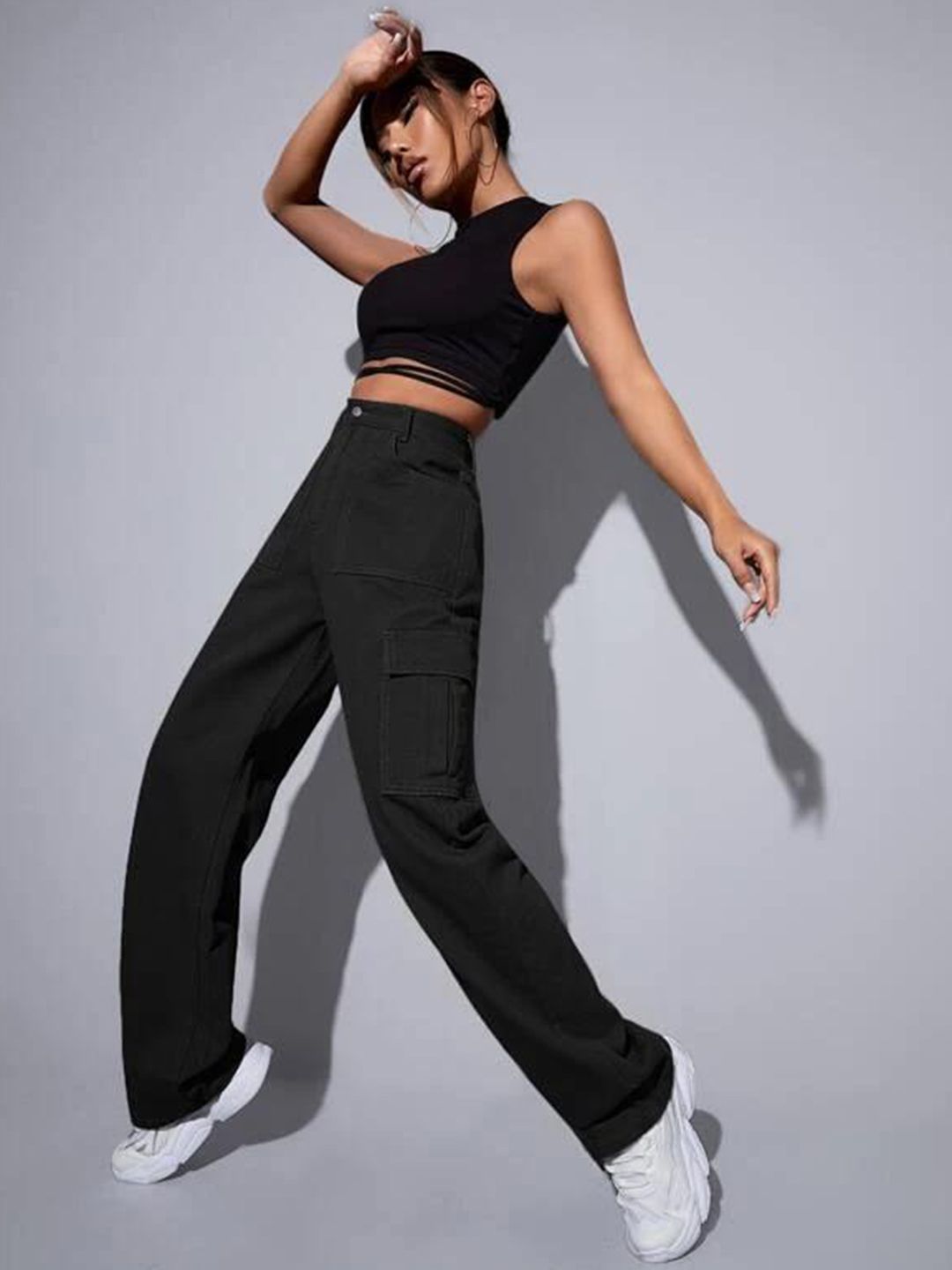 Kotty Women Black Jean Straight Fit Stretchable Cargo Jeans