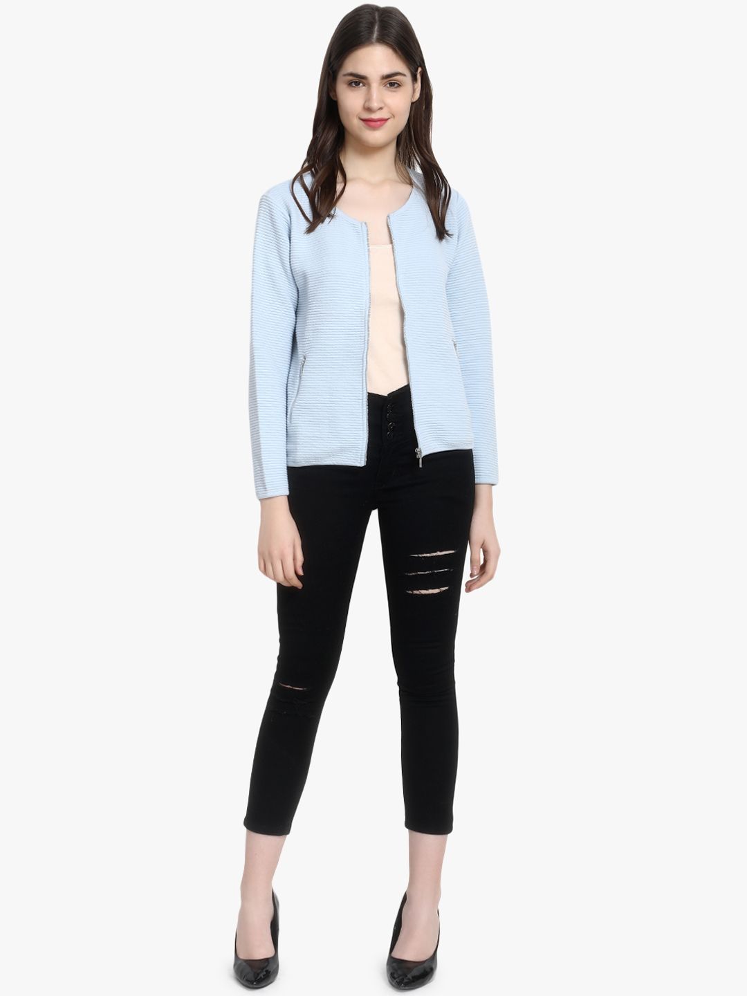 Kotty Women Blue Self Design Lightweight Tailored Jacket