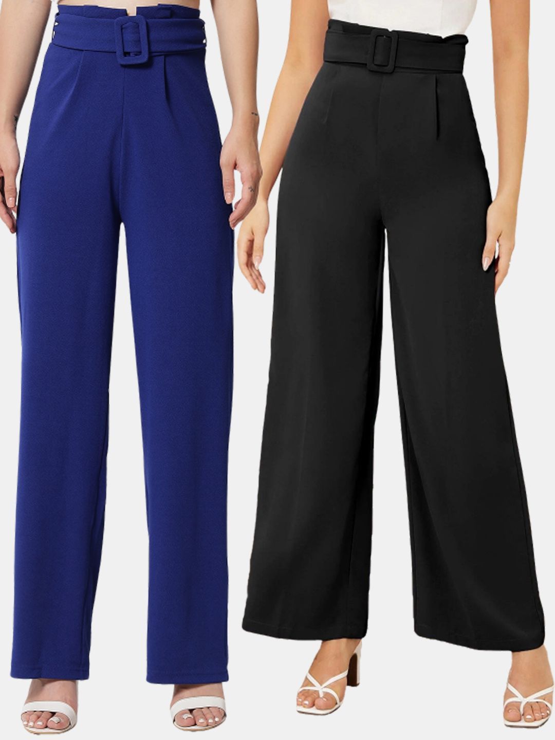 KOTTY BIZwear Women Multicoloured Relaxed Straight Fit High-Rise Easy Wash Pleated Trousers