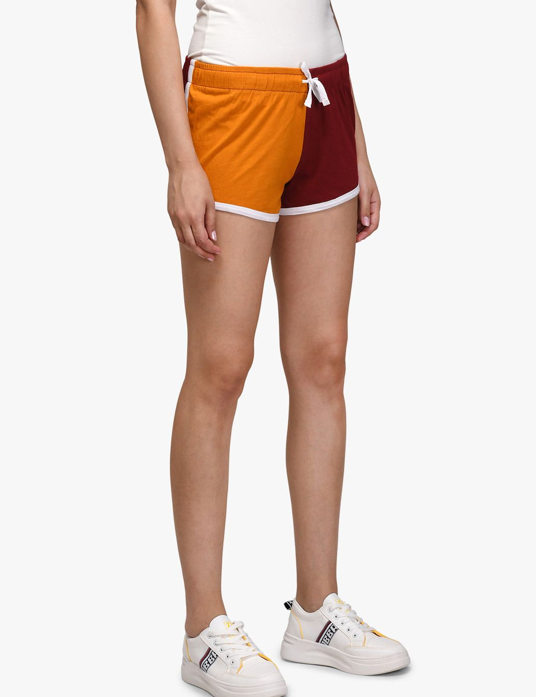 Kotty Women Mustard Yellow & Maroon Colourblocked Regular Fit Regular Shorts