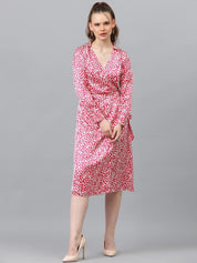 Kotty Pink & White Abstract Printed Puffed Sleeves Satin Midi Dress