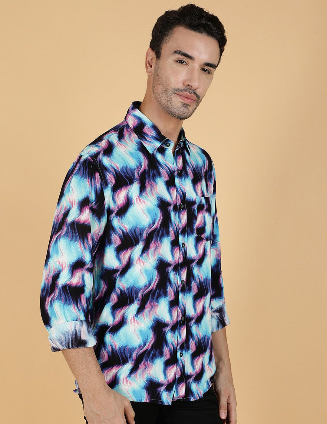 Kotty Men Relaxed Spread Collar Graphic Printed Cotton Casual Shirt
