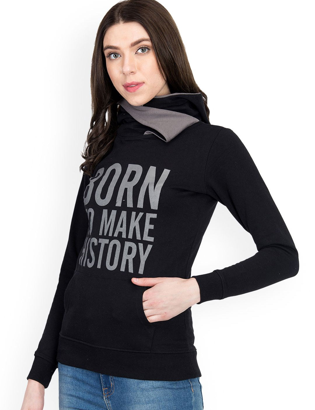 Kotty Women Black Printed Hooded Sweatshirt