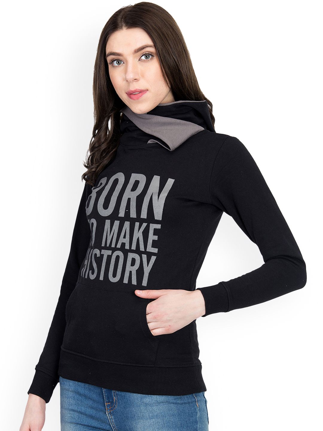 Kotty Women Black Printed Hooded Sweatshirt