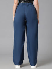 KOTTY BIZwear Women Navy Blue Relaxed Straight Leg High-Rise Easy Wash Pleated Trousers