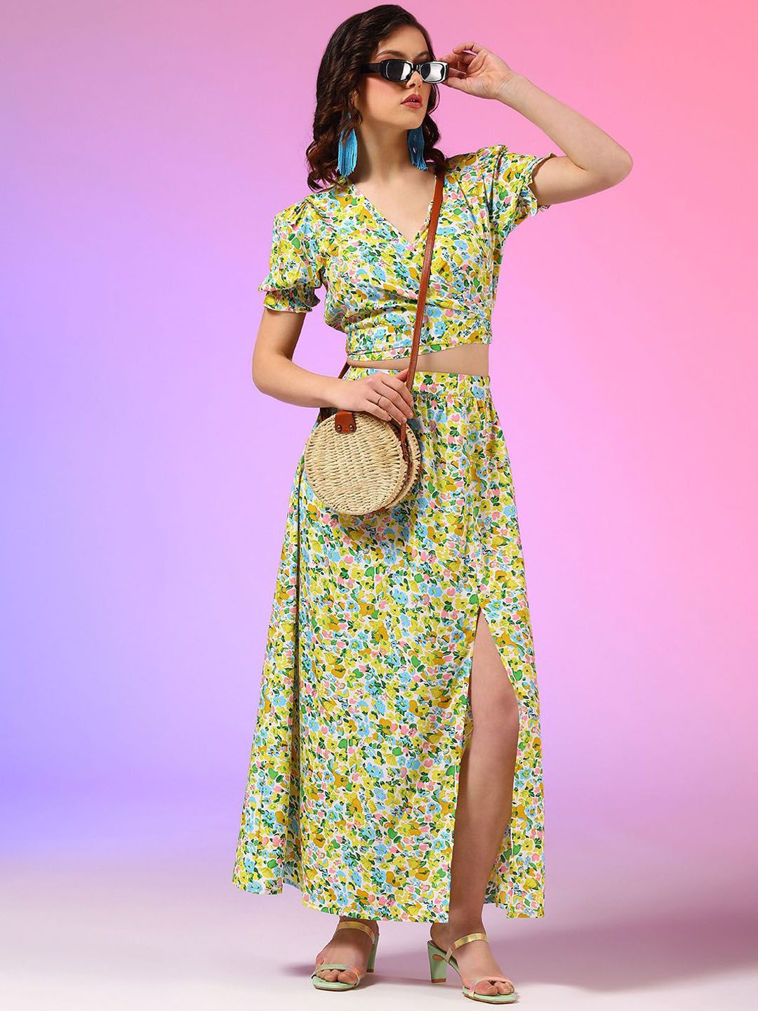 Kotty Yellow Floral Printed V-Neck Top With Skirt