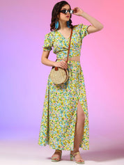 Kotty Yellow Floral Printed V-Neck Top With Skirt