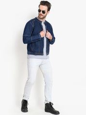 Kotty Men Navy Blue Solid Denim Jacket