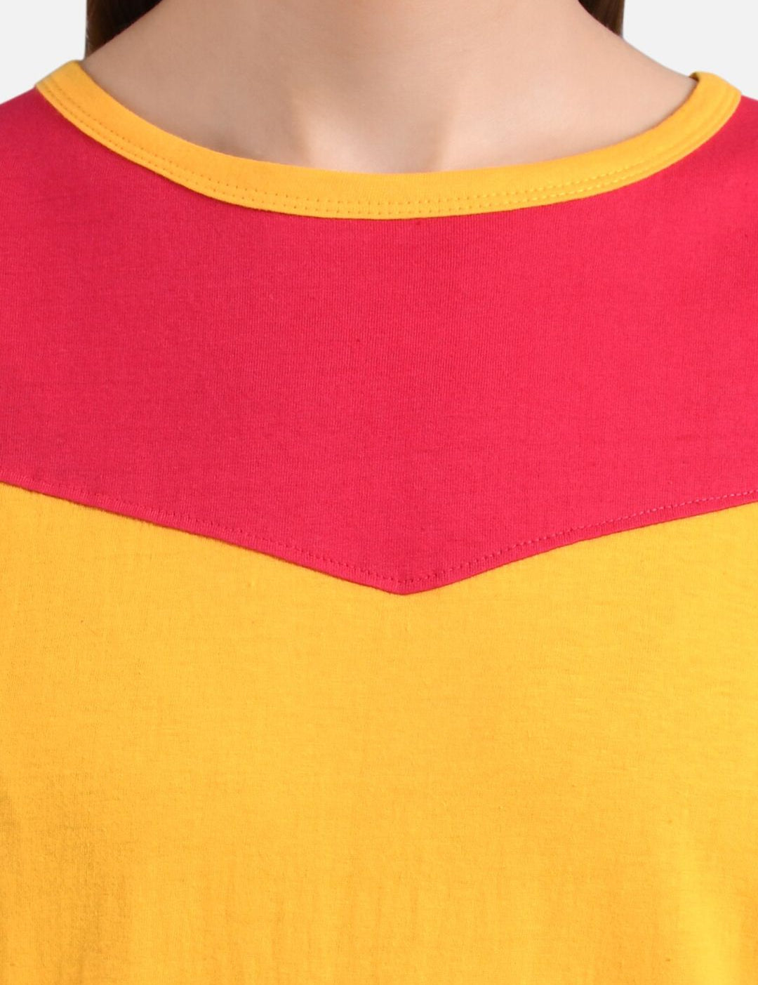 Kotty Women Mustard Yellow & Red Colourblocked Round Neck T-shirt