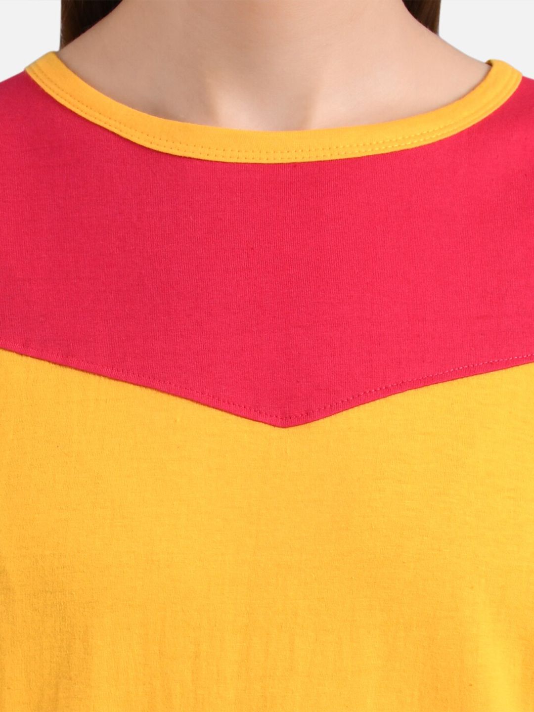 Kotty Women Mustard Yellow & Red Colourblocked Round Neck T-shirt