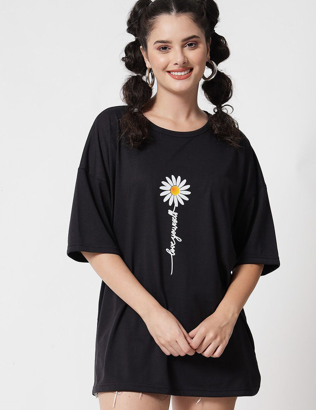 Kotty Women Black Typography Printed Drop-Shoulder Sleeves Applique Oversized T-shirt