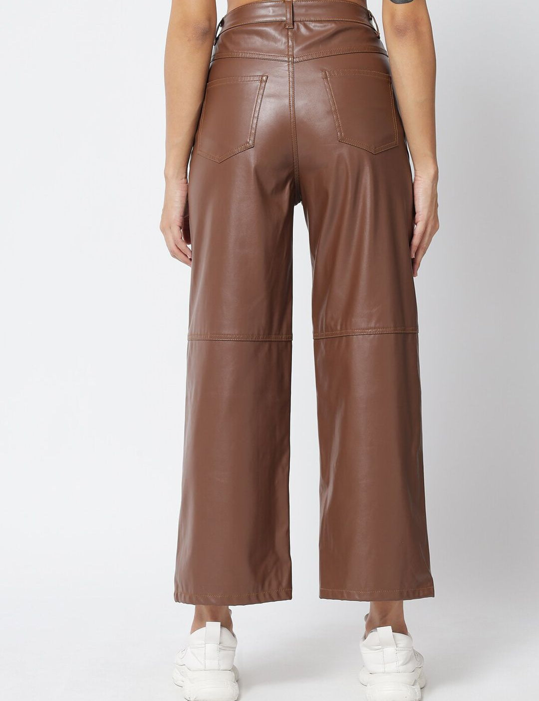 Kotty Women Brown Relaxed Straight Fit Cropped PU Leather Parallel Trousers