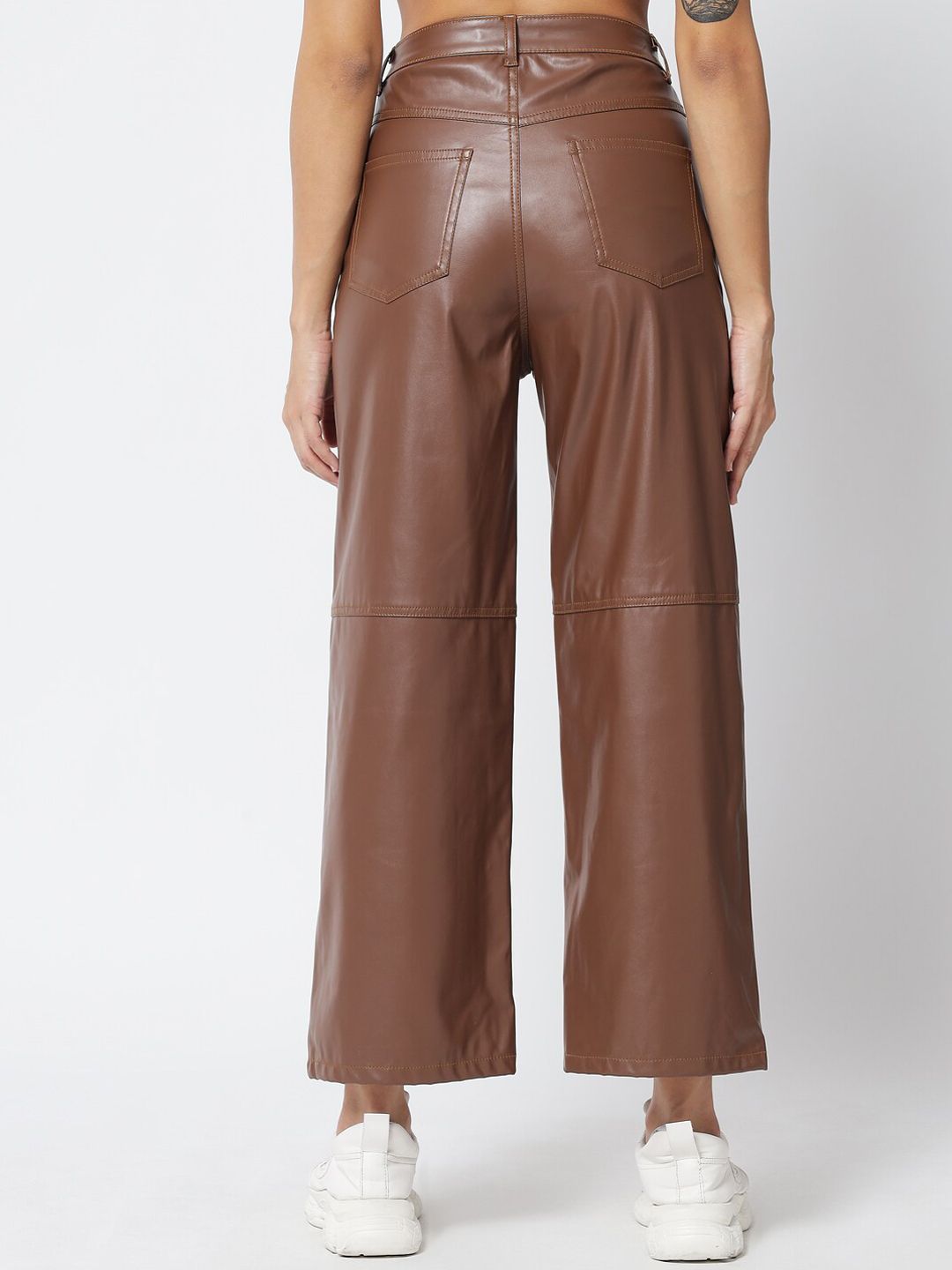 Kotty Women Brown Relaxed Straight Fit Cropped PU Leather Parallel Trousers