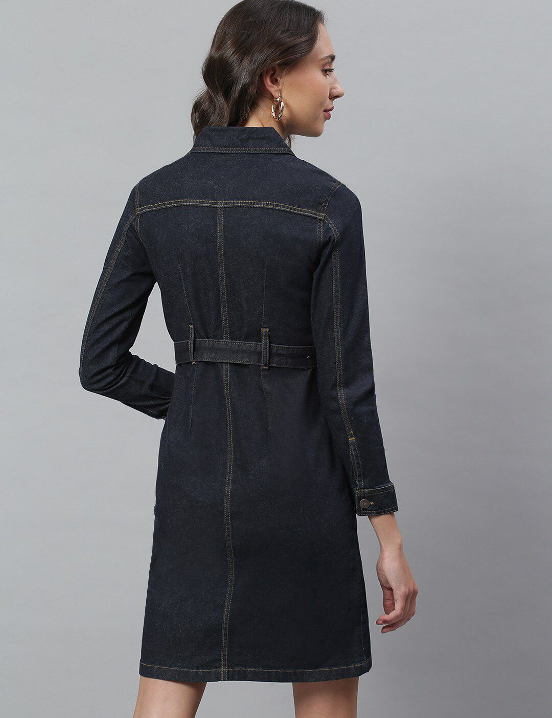 Kotty Women Blue Solid Denim Shirt Dress & Belt