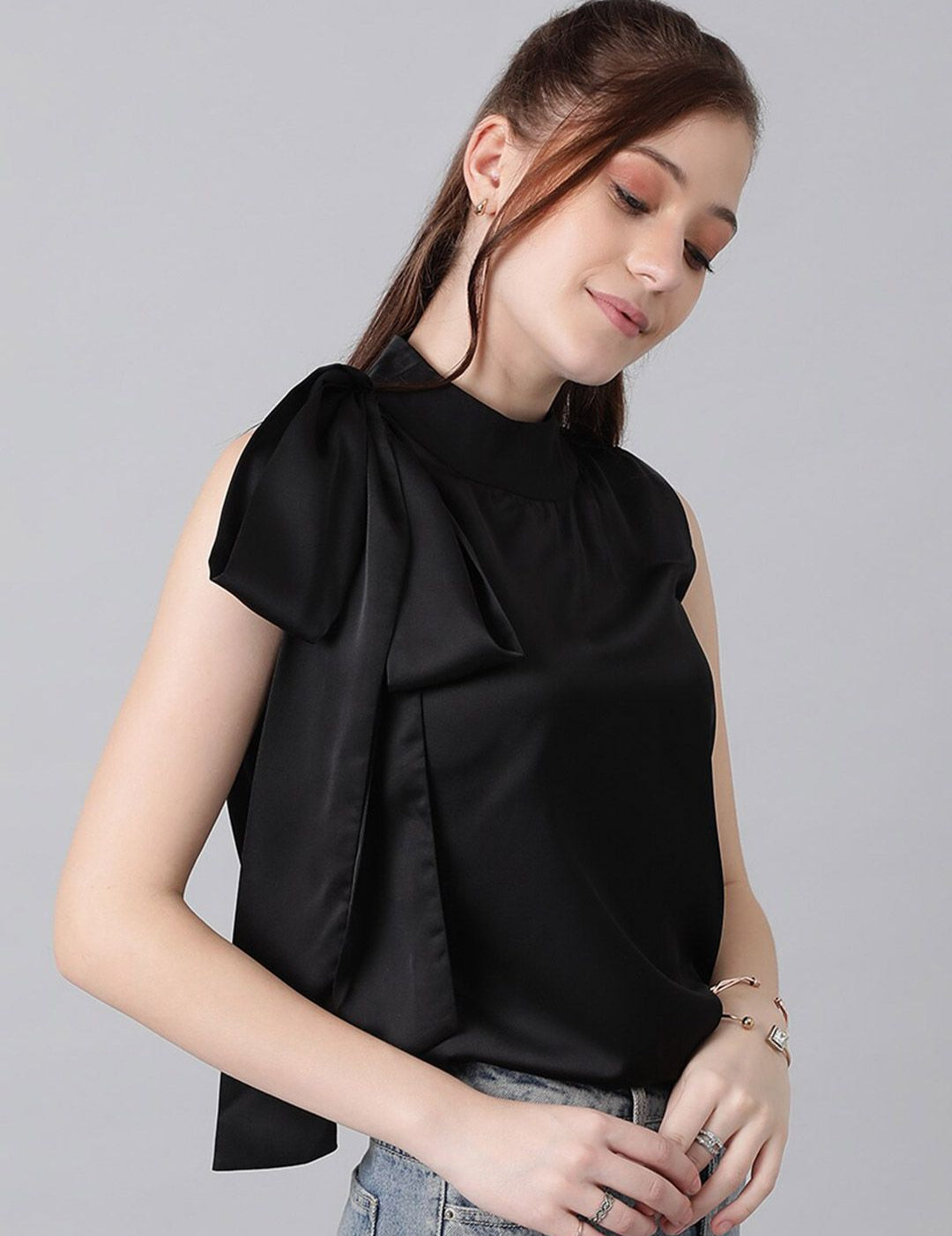 Kotty Black High Neck Sleeveless Tie-Ups Satin Top