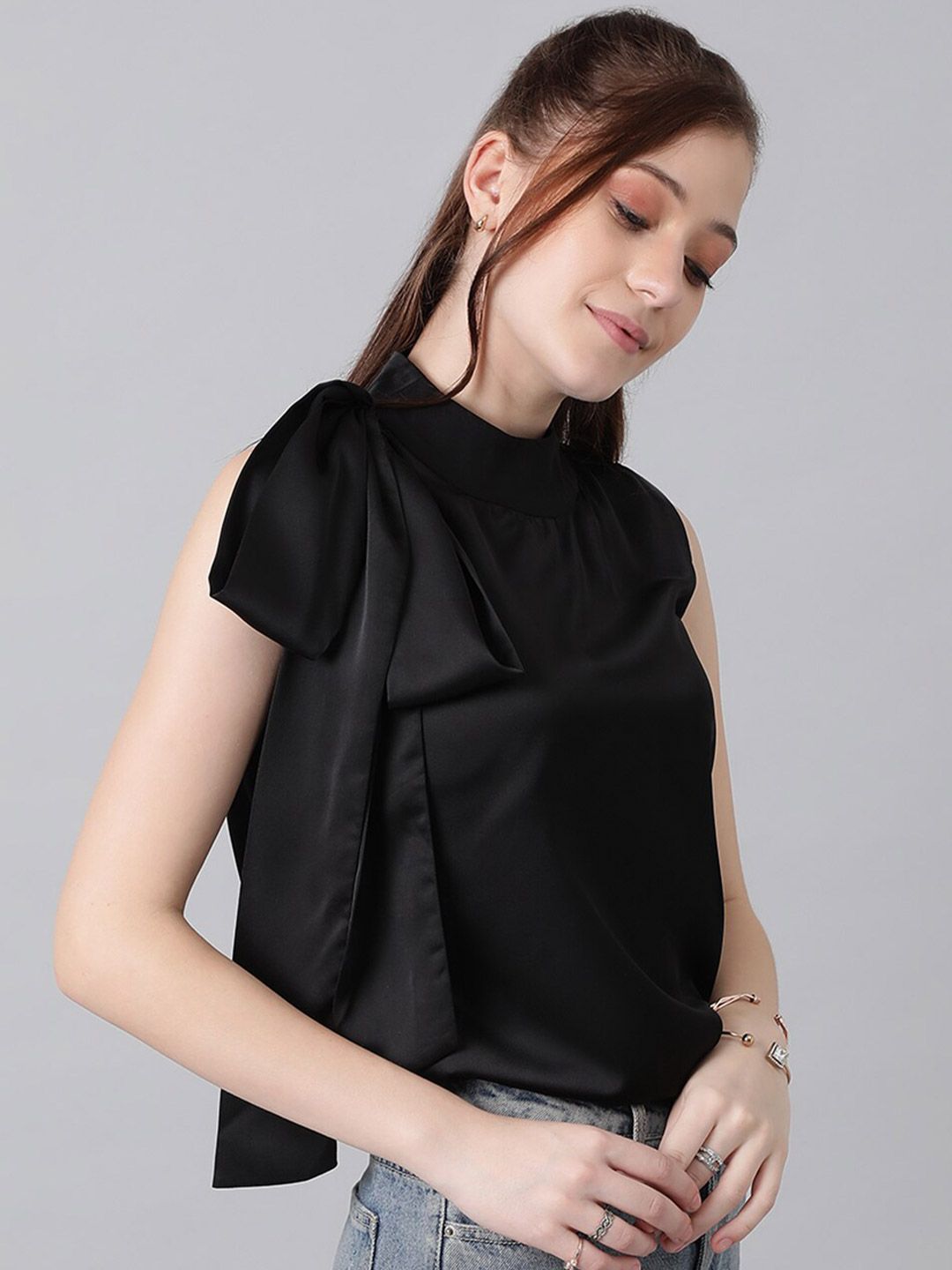 Kotty Black High Neck Sleeveless Tie-Ups Satin Top