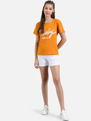 Kotty Women Orange Printed Round Neck T-shirt
