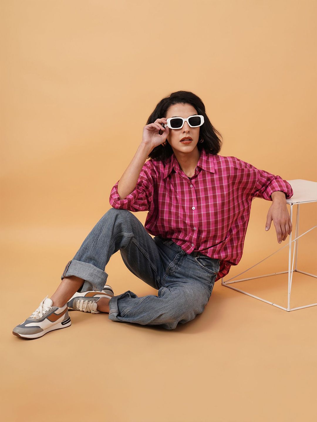 Kotty Checked Spread Corllar Drop-Shoulder Sleeves Longline Shirt