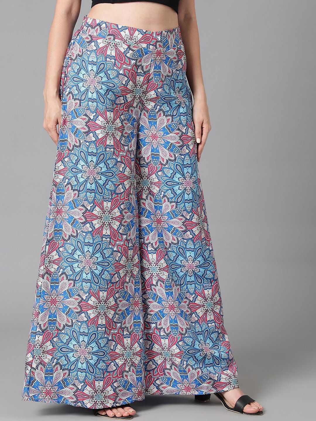 Kotty Women Blue Floral Printed Relaxed Flared Easy Wash Parallel Trousers