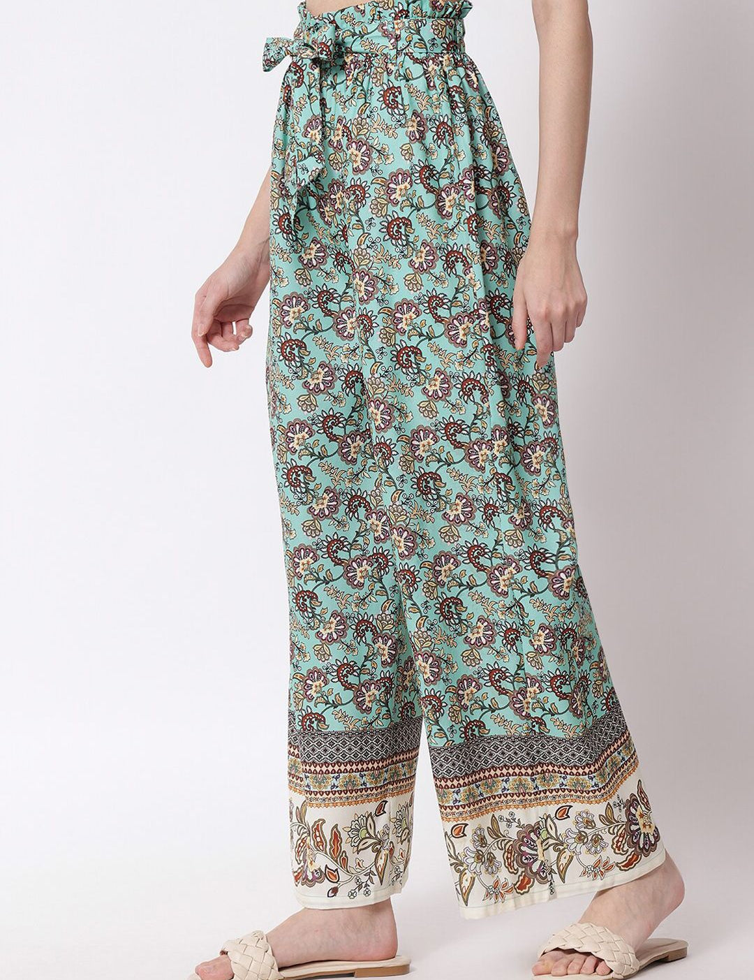 Kotty Women Green and Brown Floral Printed Relaxed Flared High-Rise Trousers
