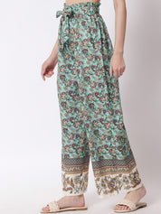 Kotty Women Green and Brown Floral Printed Relaxed Flared High-Rise Trousers