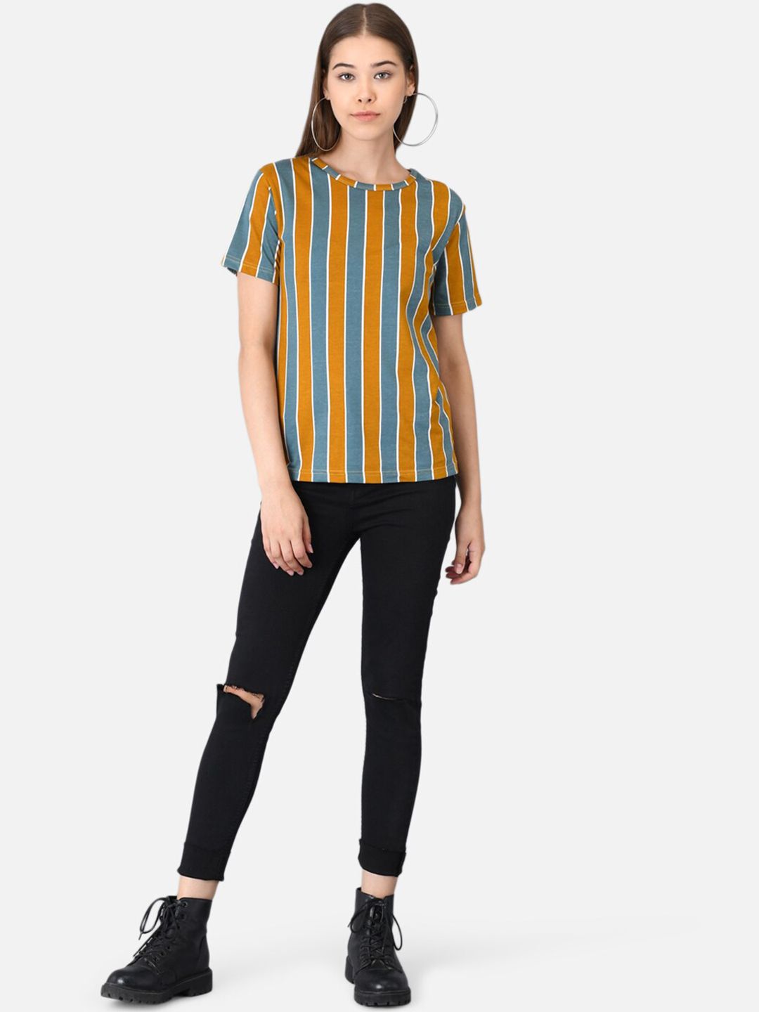 Kotty Women Yellow & Grey Striped Round Neck T-shirt